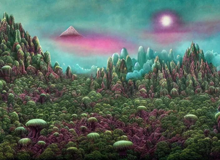 Image similar to a alien world with fungus mountains, cadmium trees, raining krypton, lowbrow, matte painting, 3 - d highly detailed, in the style of mark ryden,