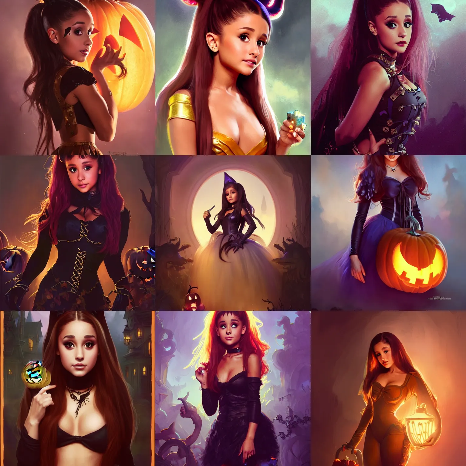 Prompt: ariana grande trick or treating in halloween night, full body shot, intricate, highly detailed, digital painting, artstation, concept art, matte, sharp focus, illustration, hearthstone, art by artgerm and greg rutkowski and alphonse mucha