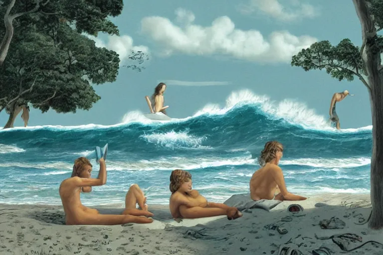 Prompt: graphic novelfull page illustrations of dreamy beach scenes on a hot summer evening, by carel willink and gregory crewdson, big waves, surf