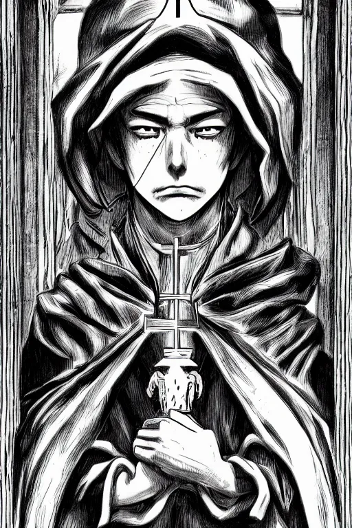 Image similar to portrait of Daniel Trejo as church nun, intricate, highly detailed, artstation, manga illustration by Kentaro Miura berserk