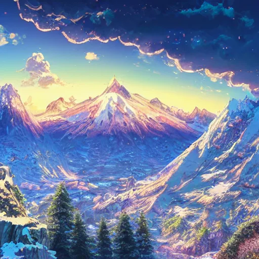 Image similar to the aesthetic view of the beautiful, grand, wistful, dreamy snowcapped mountain at dusk, hyperrealistic anime illustration by iralki nadar, colorful, extremely detailed, intricate linework, super sharp focus, bright colors, octopath traveler, studio ghibli, unreal engine 5 highly rendered, global illumination, radiant light, detailed and intricate environment