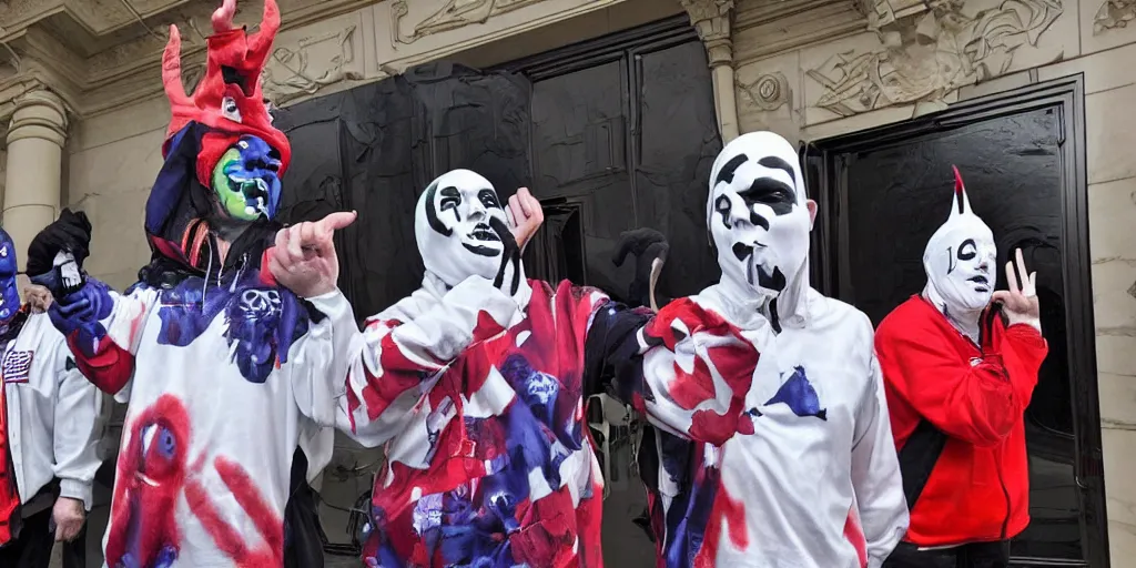 Prompt: cyclops Juggalo coneheads breaking into the capital building on january 6th 2021, detailed facial expressions