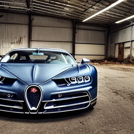 Image similar to an abandoned, derelict, rusty bugatti chiron in a dirty warehouse