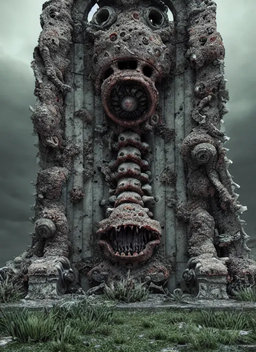 Prompt: ruined ancient lichen covered monument surrounded by biomechanical creatures, ultra realistic, hyper detailed, 8k, octane render