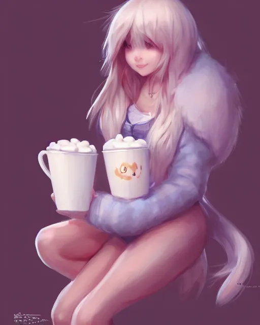 Prompt: concept art of a marshmellow girl creature, sitting in a cup of hot cocoa | | cute - fine - fine details by stanley artgerm lau, wlop, rossdraws, and sakimichan, trending on artstation, brush strokes