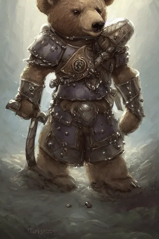 Image similar to cute little anthropomorphic bear knight wearing a cape and a crown, tiny, small, miniature bear, baby animal, short, pale blue armor, cute and adorable, pretty, beautiful, DnD character art portrait, matte fantasy painting, DeviantArt Artstation, by Jason Felix by Steve Argyle by Tyler Jacobson by Peter Mohrbacher, cinematic lighting