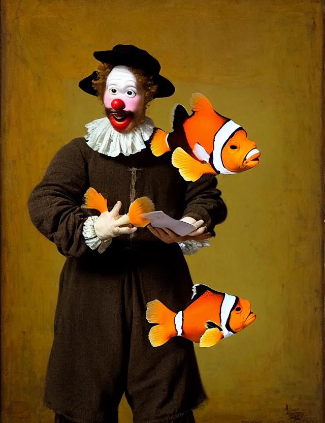 Prompt: an anthropomorphic bipedal clownfish that is dressed in librarian worker garb, in the style of a renaissance oil painting by rembrandt, as a standing fullbody humanoid shot, medieval, bright, bubbles, extremely detailed, sharp focus