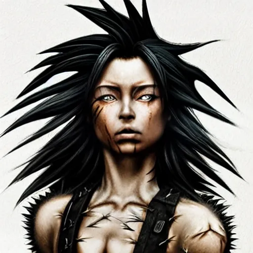 Image similar to warrior girl, muscular girl, wild spiky black saiyan hair, long spiky hair, electrified hair, insane hair, electrical aura, high voltage, ultra realistic, intricate details, highly detailed, subsurface scattering, photorealistic, octane render, 8 k, art by artgerm, greg rutkowski, magali villeneuve, alphonse mucha