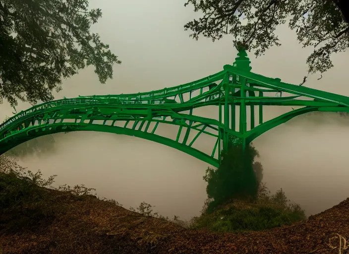 Prompt: a photograph of an emerald bridge over a wine river. Detailed. mythical. magical. mist. foggy. 4k. 800 iso.