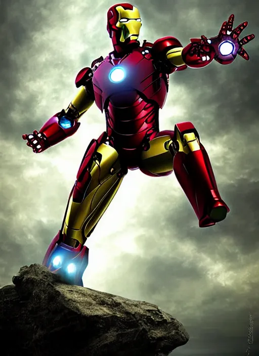 Image similar to iron man in armor h. p. lovecraft style, crazy background, digital art, super realism, high quality, high detail,