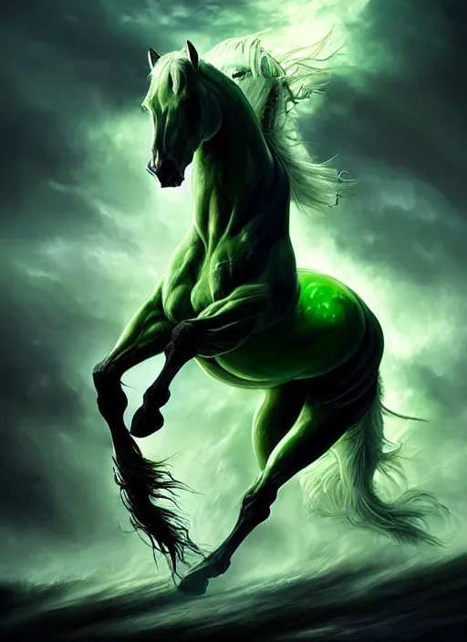 Image similar to the singular horseman of the apocalypse is riding a strong fierce ferocious rabid undead green stallion, horse is up on its hind legs, the strong male rider is death with a scithe, beautiful artwork by artgerm and rutkowski, breathtaking, dramatic, full view