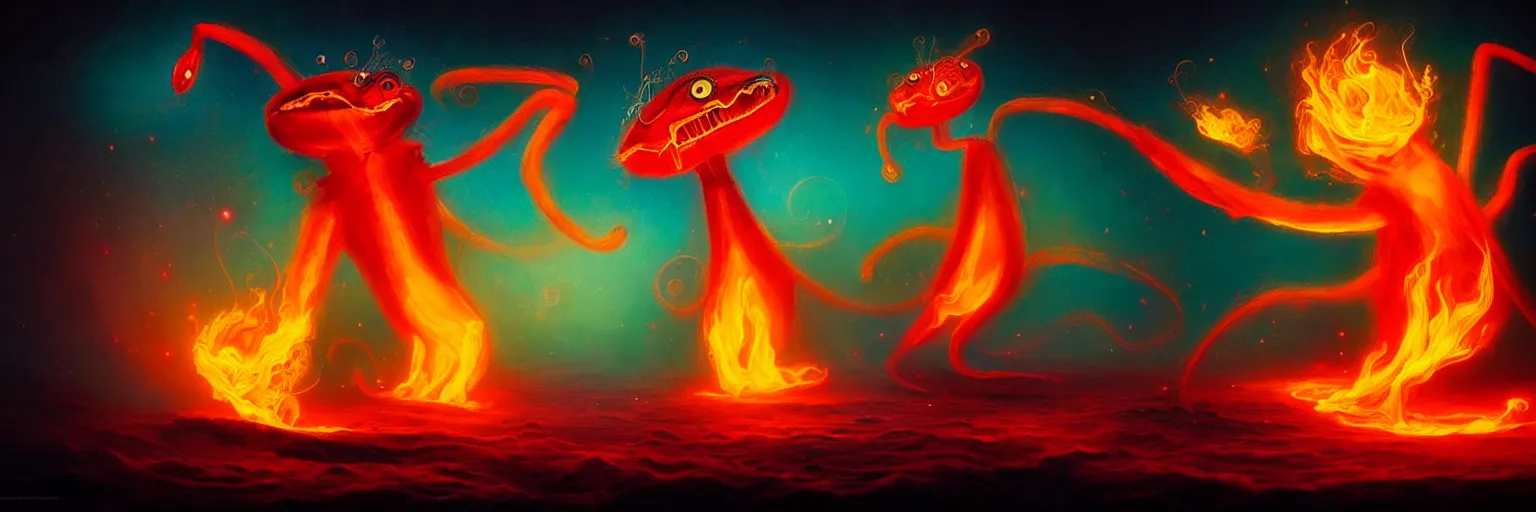 Image similar to whimsical surreal fiery plankton creatures, surreal dark uncanny painting by ronny khalil