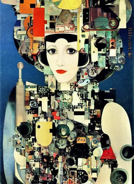 Prompt: cute punk goth fashion fractal mecha blonde girl wearing a television tube helmet and kimono made of circuits and leds, surreal Dada collage by Mimmo Rotella Man Ray Kurt Schwitters Hannah Höch Alphonse Mucha Beeple