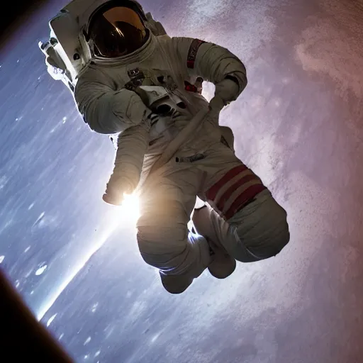 Image similar to photograph of an astronaut lit from down, against the absolute darkness of space, full body photo,, 8 k