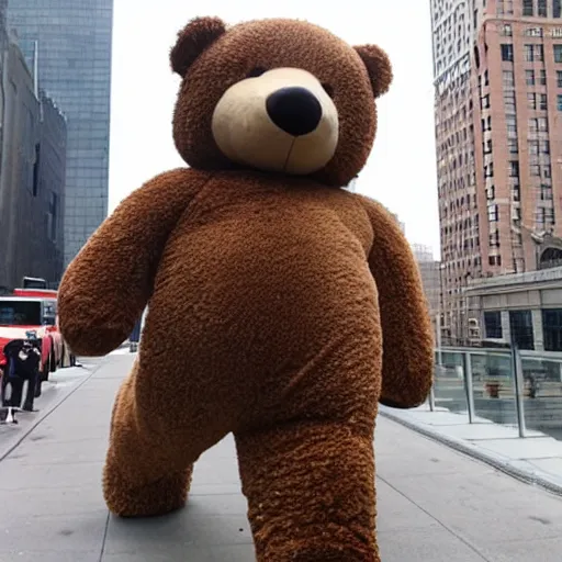 Prompt: a giant teddy bear is walking and crashing buildings in New York