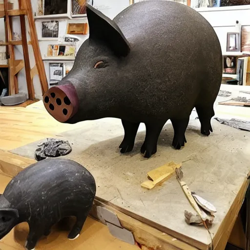 Prompt: “ large pig sculpture in an artist ’ s studio, mixed materials ”