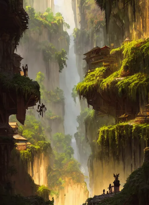 Image similar to medieval city built on terraces in a gigantic canyon, lots of buildings connected by hanging bridges, waterfalls, warm glow coming from the ground, lush vegetation, pitchblack sky, extremly detailed digital painting, in the style andreas rocha and greg rutkowski, 8 k, stunning scene, octane, trending on artstation