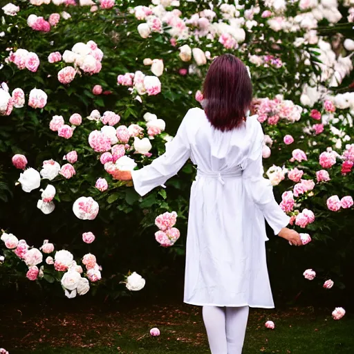 Image similar to a woman dressed in white, standing in a white rose garden, peony petals in the breeze, vivid lighting, professional photography