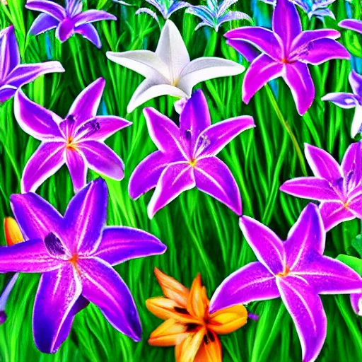 Image similar to a garden of starlight lillies, blue sky, detailed, photo-realistic