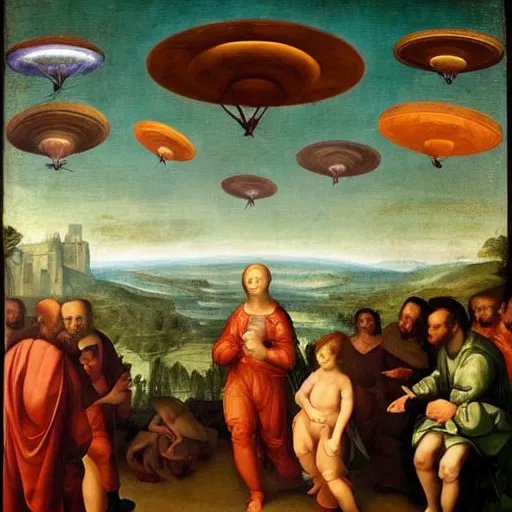 Image similar to a Renaissance painting with UFOs