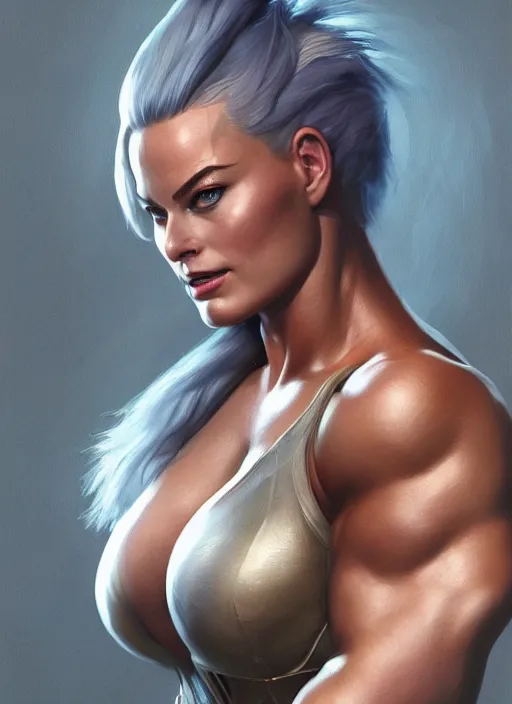 Image similar to detailed portrait of margot robbie as a thick female bodybuilder zarya from overwatch, attractive, beautiful, fantasy, intricate, elegant, highly detailed, digital painting, artstation, concept art, matte, sharp focus, illustration, art by aenaluck, artgerm and roberto ferri and greg rutkowski, epic fantasy, digital painting