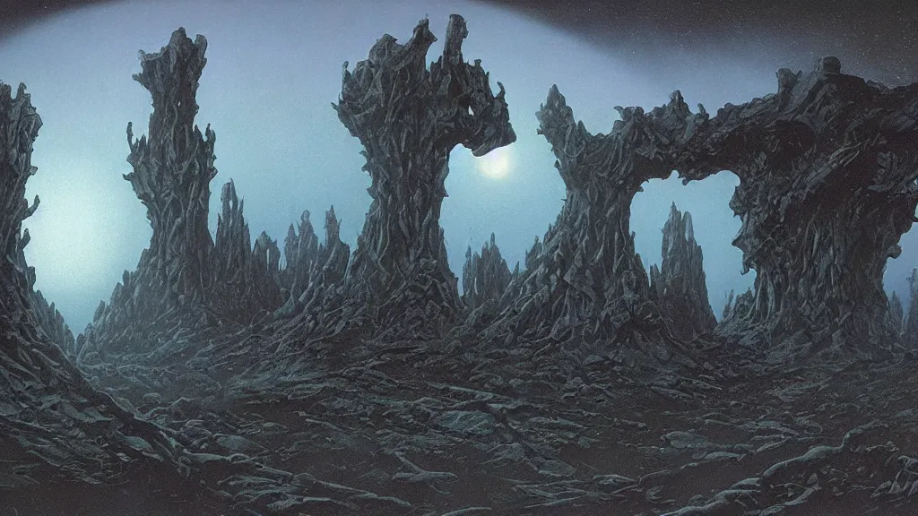 Image similar to eerie atmospheric alien worlds by michael whelan and bernie wrightson, epic cinematic matte painting