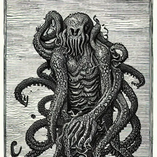 Prompt: a detailed woodcut of Cthulhu by Gustave Doré