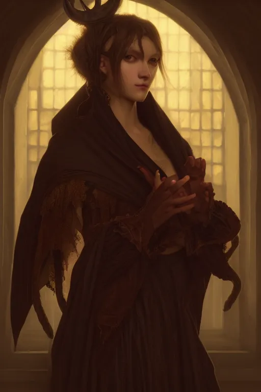 Image similar to a portrait of the demon Belphegor, illustration, soft lighting, soft details, dark mood, painting oil on canvas by Edmund Blair Leighton and Charlie Bowater octane render trending on artstation d&d characters, 4k, 8k, HD