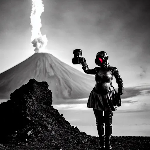 Image similar to A high armored woman with a gasmask standing in front of an erupting volcano, professional photography, black and white, cinematic, eerie