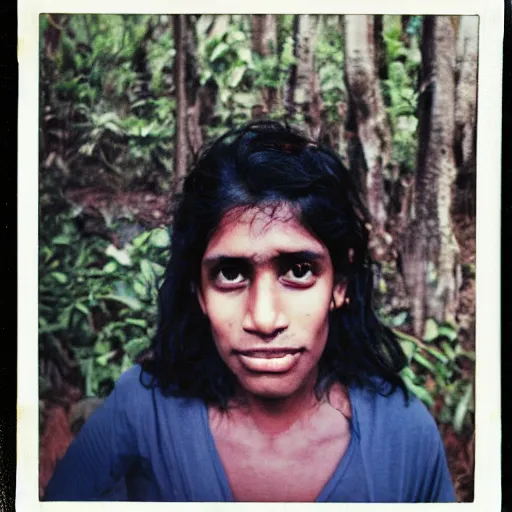 Image similar to a professional polaroid full body photo of a sri lankan jungle girl, black hair, light freckled skin and a look of panic on his face. extremely high fidelity. key light.