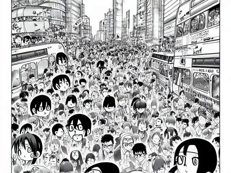 Prompt: Cat used as a bus in a busy city center, people on the bus, crowded, in the style of Manga, Eichiro Oda, hyper detailed