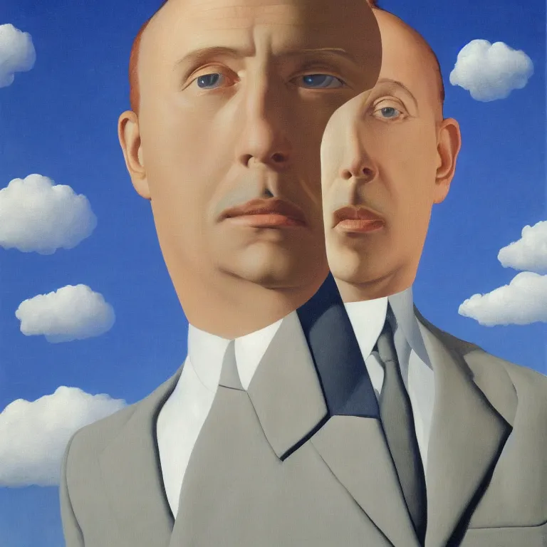 Image similar to portrait of a faceless mirror - head man in a suit, clouds in the background, by rene magritte, detailed painting, distance, middle centered, hd, hq, high resolution, high detail, 4 k, 8 k