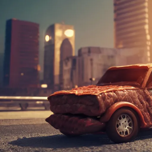 Image similar to car made of meat, 8 k, octane render, scary, dark, city in backround, meaty, very meaty, super super meaty