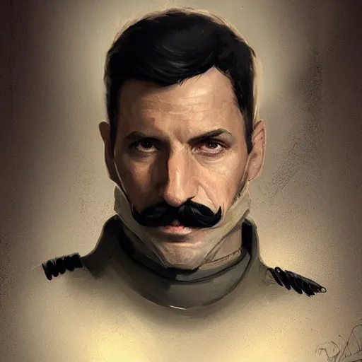 Image similar to portrait of a man by greg rutkowski, british features, short black hair in military style, moustache, perfect military composure, wearing gray imperial captain uniform, star wars expanded universe, he is about 4 0 years old, highly detailed portrait, digital painting, artstation, concept art, smooth, sharp foccus ilustration, artstation hq