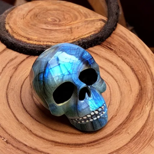 Prompt: day of the dead skull made of labradorite