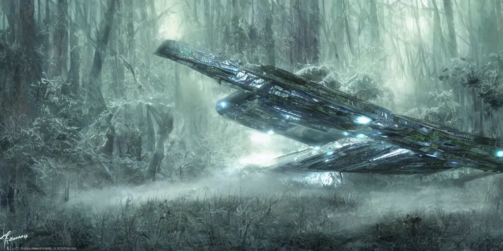 Image similar to future forest attacked by spaceship, star trek, concept art, ice mist, glory war,