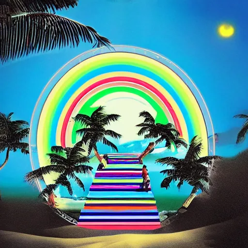 Image similar to miracle musical Hawaii part ii album cover, showing an ocean in the background, spiral transparent stairs on the left with tall palm trees behind it, a slight rainbow in the background, white outline border, moon in the right top area black and white except for the rainbow album cover