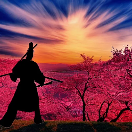 Image similar to samurai duel, both samurai have katana drawn, in a fighting pose, sunset in the background, cherry trees blossoming and Japanese maple trees, autumn, high quality, 4k