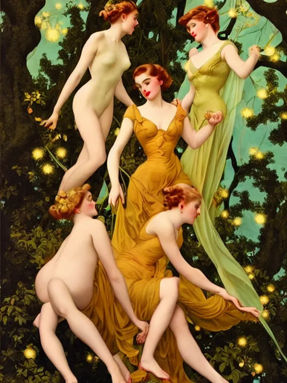 Image similar to Kiernan shipka as the three graces, a beautiful art nouveau portrait by Gil Elvgren and Gerald Brom and Alberto Vargas and Bill Henson, Moonlit forest environment, centered composition, defined features, golden ratio, golden jewelry