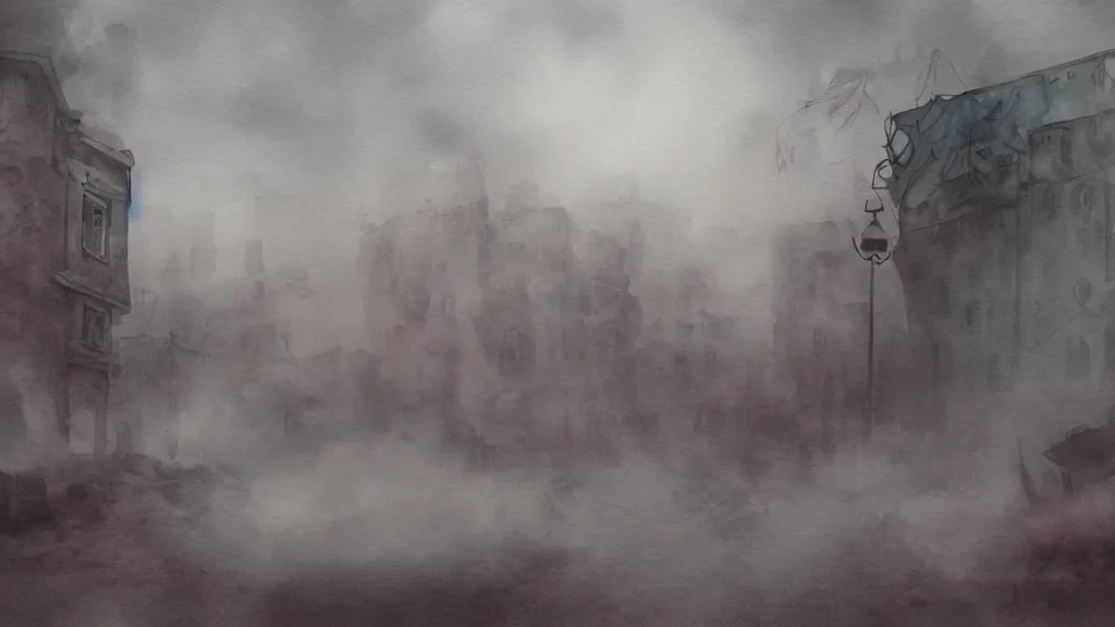 Prompt: a watercolor painting of an abandoned city in hell, scary, foggy, fantasy, smoke, fire, circular, digital art,