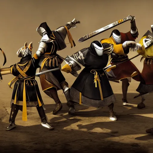 Image similar to The Wu-Tang Clan as medieval knights and warriors, photoreal, octane render