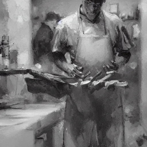 Image similar to low angle of the butcher's, closeup of a butcher working, artwork by craig mullins