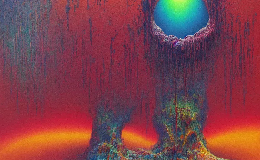 Image similar to a painting of the rainbow sparks terror in hearts unpure, biomorphic, highly detailed, surrealist painting by beksinski, alex grey and melted plastic, oil on canvas, trending on artstation