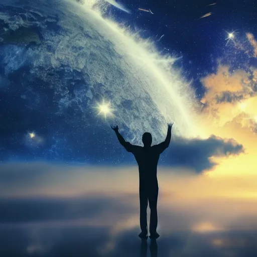 Image similar to 4K ultra HD detailed award-winning wallpaper of silhouette of man reaching his hand towards huge vast sky Earth universe