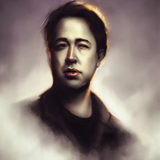 Image similar to closeup portrait of a young bill hicks, dramatic lighting, city background, night, moon, chiaroscuro, high detail, painted by greg rutkowski, painted by igor kieryluk, painted by bobby chiu, trending on artstation