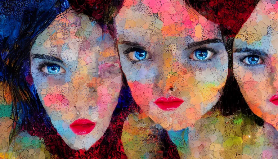 Prompt: portrait of twins, collage art, mixed media, enchanting, dramatic lighting, highly detailed, 8k, vibrant