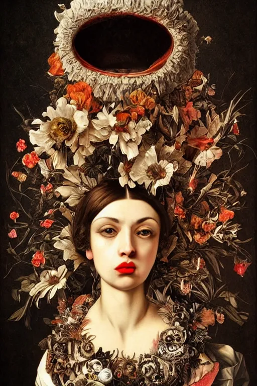 Prompt: Detailed maximalist portrait with large lips and with large, wide eyes, sad expression, HD mixed media, 3D collage, highly detailed and intricate, surreal, illustration in the style of Caravaggio, dark art, baroque