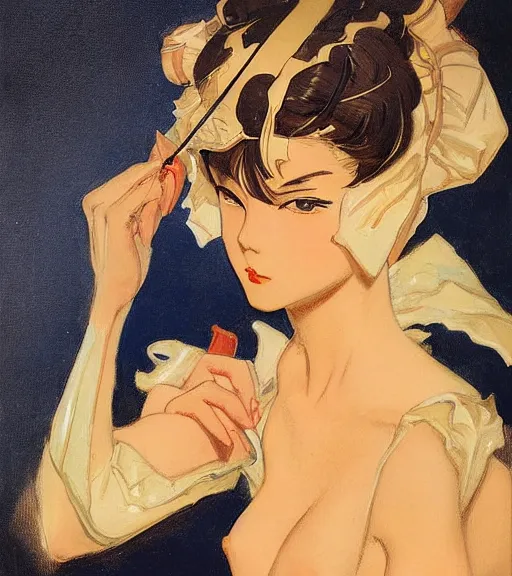 Image similar to j. c. leyendecker painting of an anime woman, direct flash photography at night, film grain