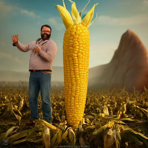 Image similar to hyperrealistic dslr film still of billy mays disguised as giant ear of corn, stunning 8 k octane comprehensive 3 d render, inspired by istvan sandorfi & greg rutkowski & unreal engine, perfect symmetry, dim volumetric cinematic lighting, extremely hyper - detailed, incredibly real lifelike attributes & flesh texture, intricate, masterpiece, artstation, stunning