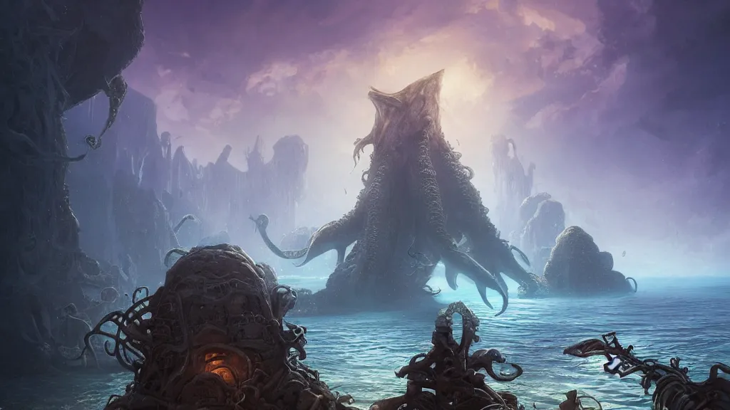 Image similar to A diver is under the sea, he is swimming away from the giant Cthulhu that is behind hunting him, this is an extravagant planet with wacky wildlife and some mythical animals, the background is full of ancient ruins, the ambient is dark with a terrifying atmosphere, by Jordan Grimmer digital art, trending on Artstation,